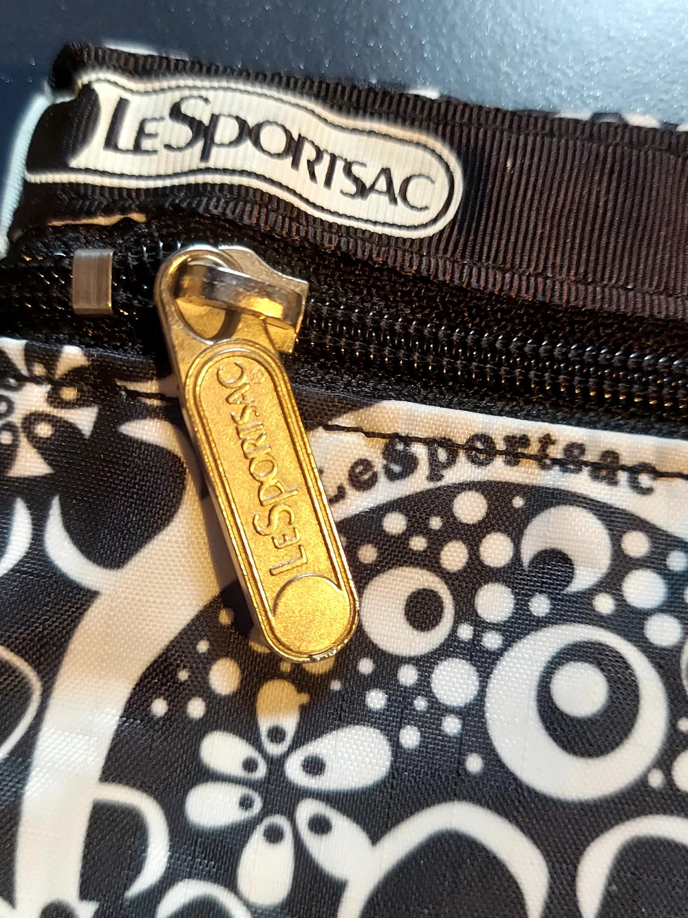 LeSportsac Floral Print Zip Pouch in Black & White with Yellow Accent 7.5 x 9.5